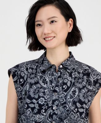 Women's Paisley Button-Front Sleeveless Jumpsuit