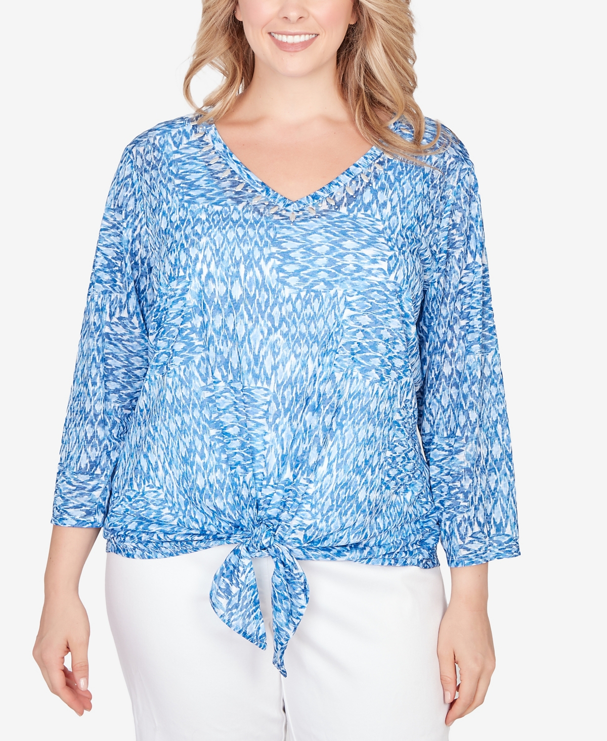 Hearts Of Palm Plus Size Printed Knit Burnout 3/4 Sleeve V-neck Top In Blue