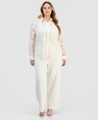 Plus Size Blossom Lace Button-Down Blouse
