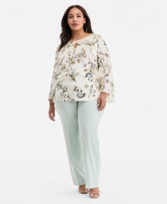 Plus Size Printed Keyhole-Neck Bell-Sleeve Top