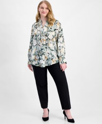 Plus Size Printed V-Neck Long-Sleeve Blouse 