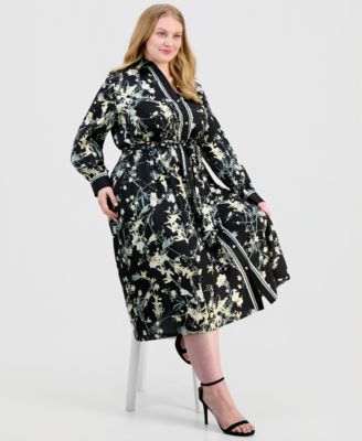 Plus Size Long-Sleeve A-Line Midi Shirtdress