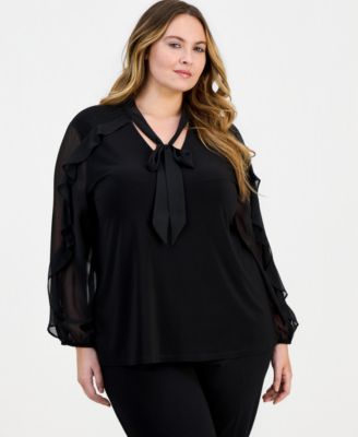 Plus Size Ruffle-Sleeve Tie-Neck Blouse