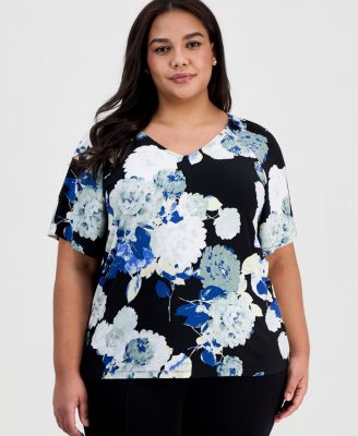 Plus Size Printed V-Neck Flutter-Sleeve Top
