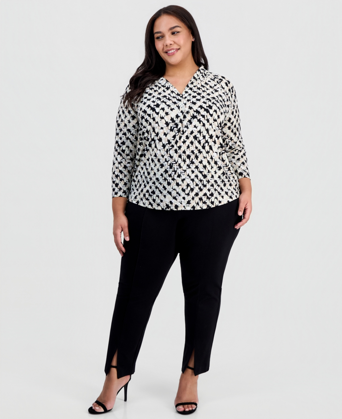 Ak Anne Klein Plus Printed Long-Sleeve Top