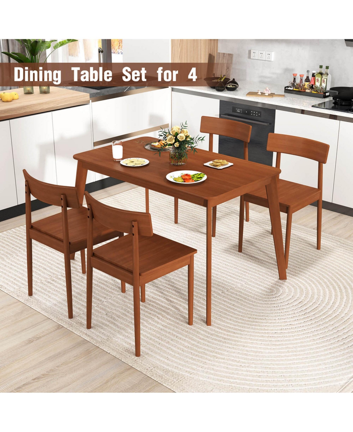 Costway 5-Piece Rubber Wood Rectangular Dining Table Set