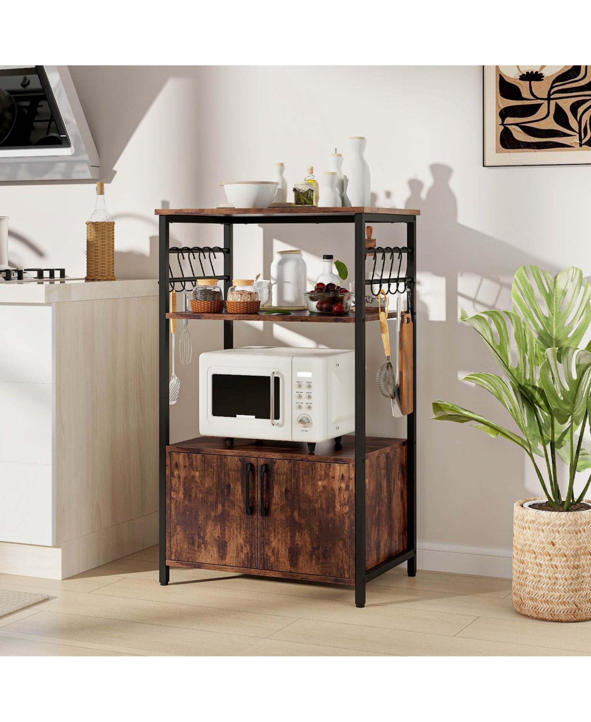 Costway 3-Tier Kitchen Baker s Rack with Cabinet 2 Open Shelves 10 S-Shaped Hooks