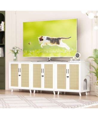 Modern Cat Litter Box Enclosure, White Hidden Litter Box Furniture Cat Washroom Storage With Lock Sisal Door for Rooms