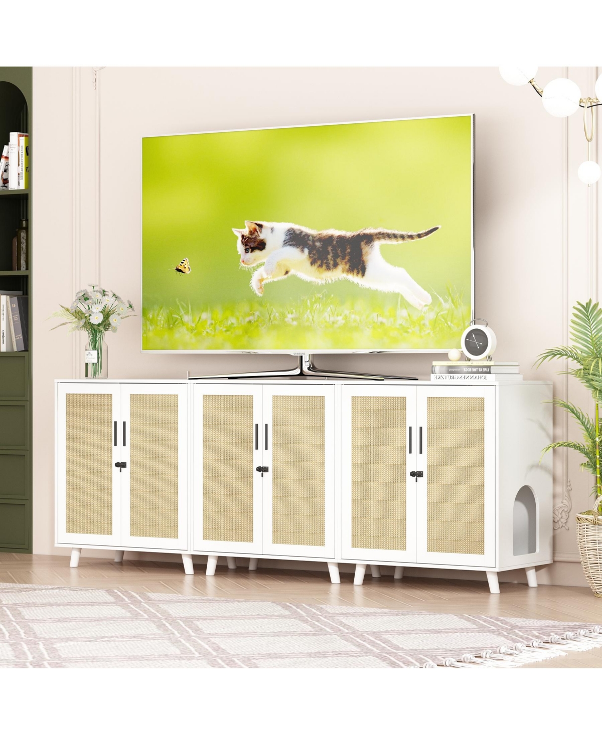 Modern Cat Litter Box Enclosure, White Hidden Litter Box Furniture Cat Washroom Storage With Lock Sisal Door for Rooms