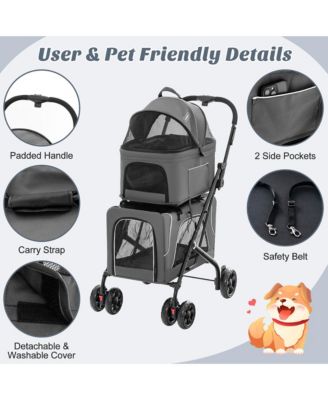 Double Pet Stroller for 2 Dogs or Cats w/ 2 Detachable Carriers Safety Belt