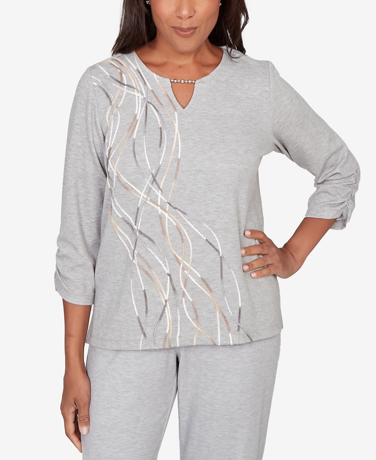 Alfred Dunner Women's Comfort & Joy Metallic Swirl Embroidered Split Neck Top In Gray