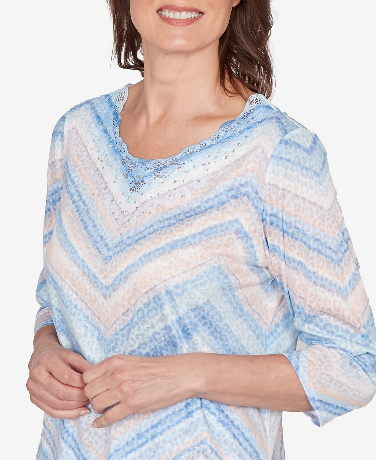 Alfred Dunner Women's St. Augustine Chevron Print Lace Trim Crew Neck Top