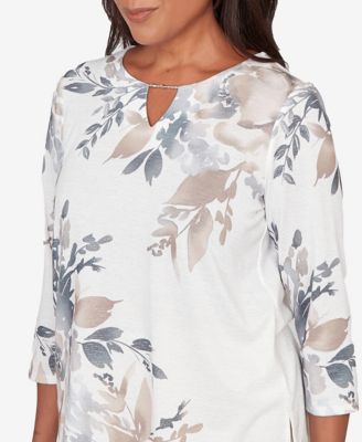 Petite Comfort & Joy Asymmetrical Floral Border Crew Neck Top