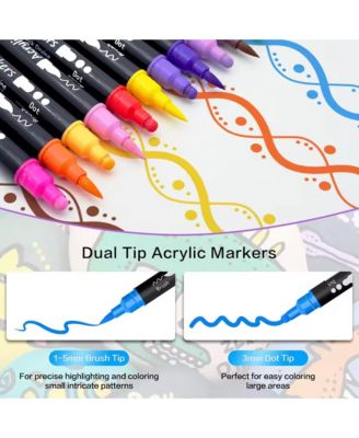 12 Colors Dual Tip Acrylic Paint Markers with Dot Tip and Brush Tip for Wood, Stone, Rock Painting, Ceramic Surfaces and DIY Crafts Making