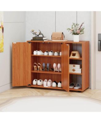 3-Tier Wooden Shoe Storage Organizer with Doors & 3-Level Adjustable Open Shelves