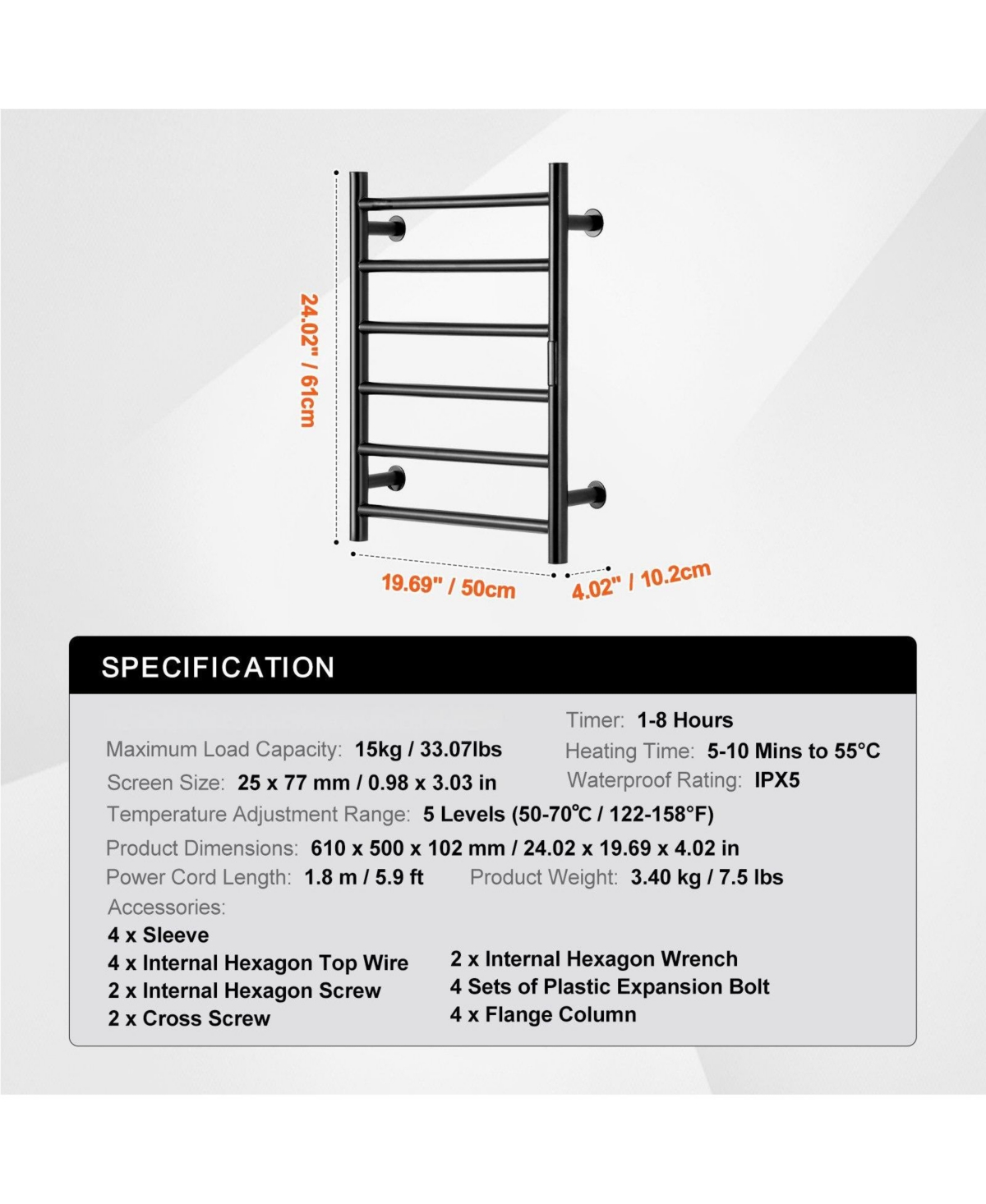 Ecooso 6-Bar Wall Mounted Heated Bathroom Rack Towel Warmer Rack