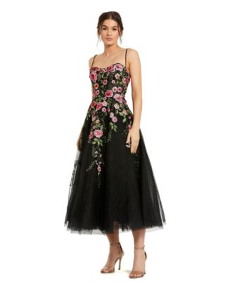 navy blue dress for baby girl Mac Duggal - Black Multicolor Bustier Embroidered Floral A-Line Dress
