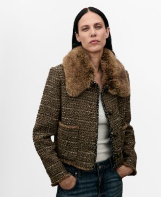 MANGO - Women's Fur Collar Tweed Jacket