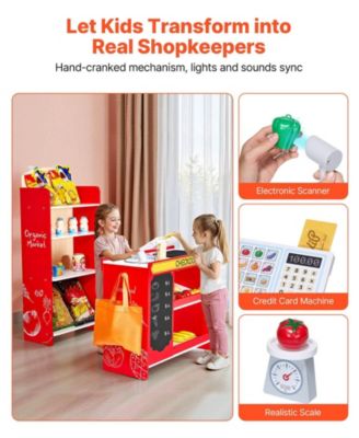 Kids Grocery Store Playset, Wooden Store with Bag, Conveyor Belt, Scanner, Cash Register & Scale, Pretend Supermarket Toy