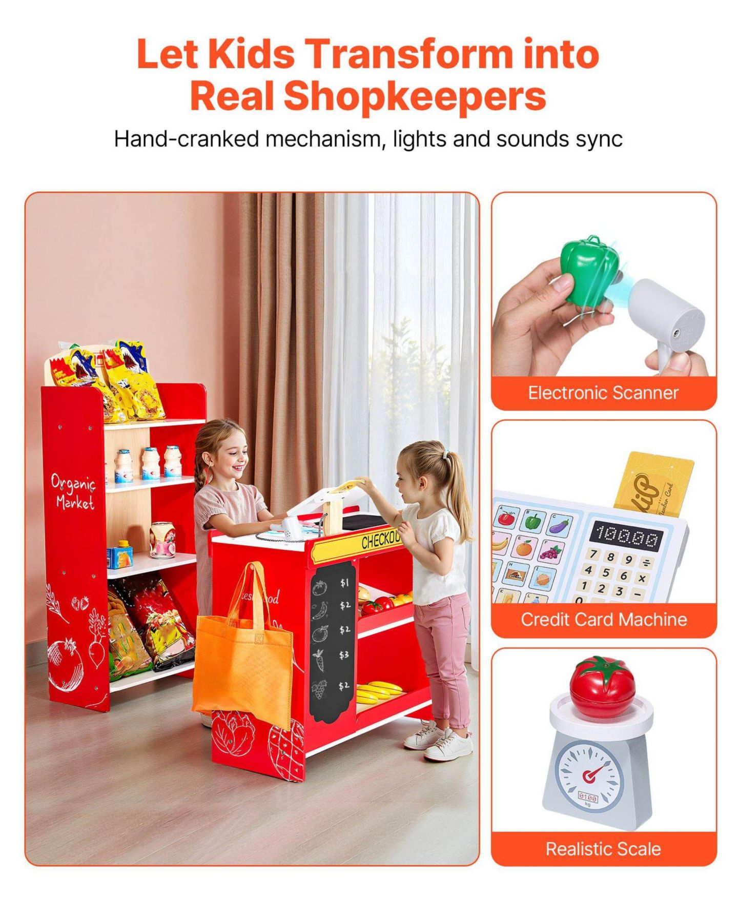 Детский игровой набор Mecale Grocery Store Wooden 35-Piece Playset with Working Conveyor Belt, Ages 3+, цвет: Красный — фото 4