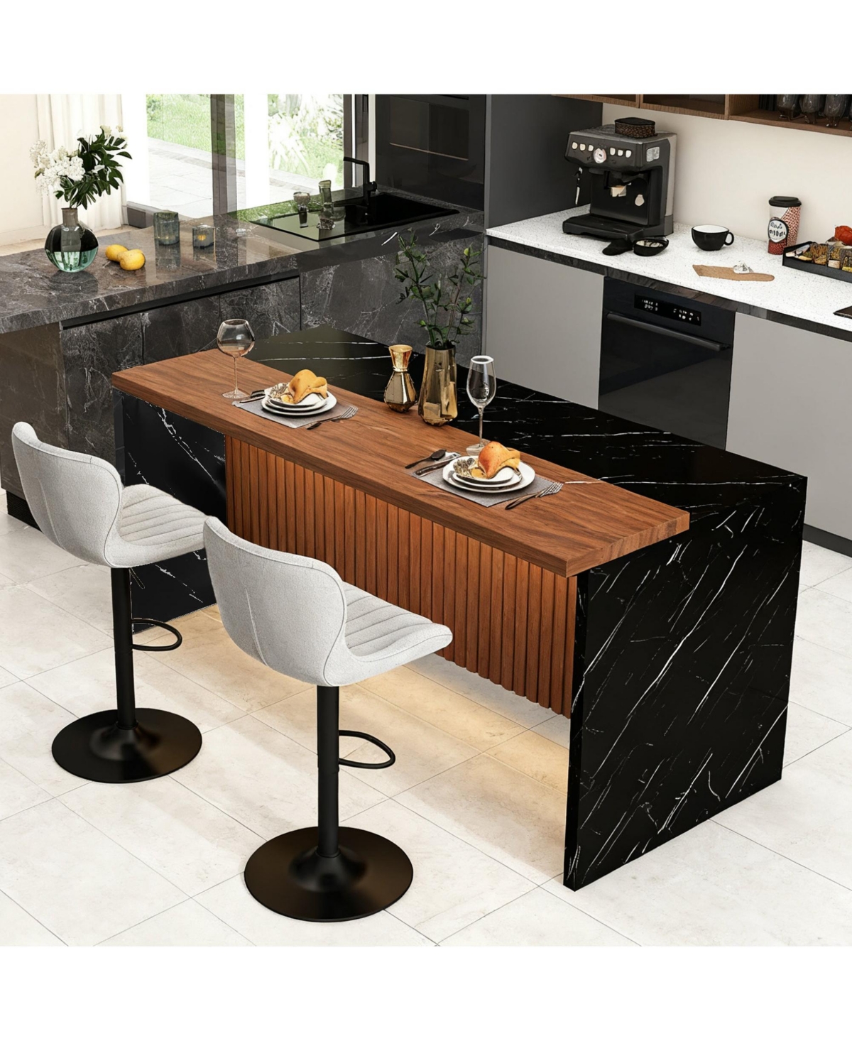 Boyel Living 63-inch Modern Kitchen Island with Marble-Look Surface, Led Lights