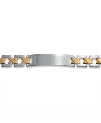 Set of 2 Name Bar ID Bracelet Cross X Link Band Two Tone Matte Gold Plated Stainless Steel 8 Inch