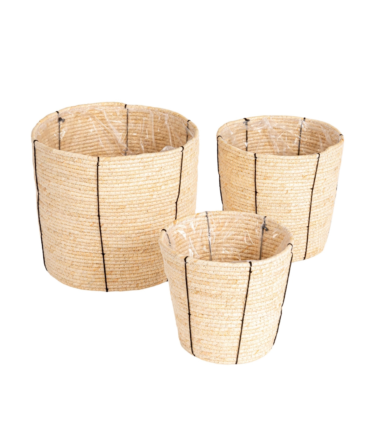 Household Essentials Round Handwoven Corn Rope Baskets with Thin Stripes and Plastic Liner, Natural, Set of 3