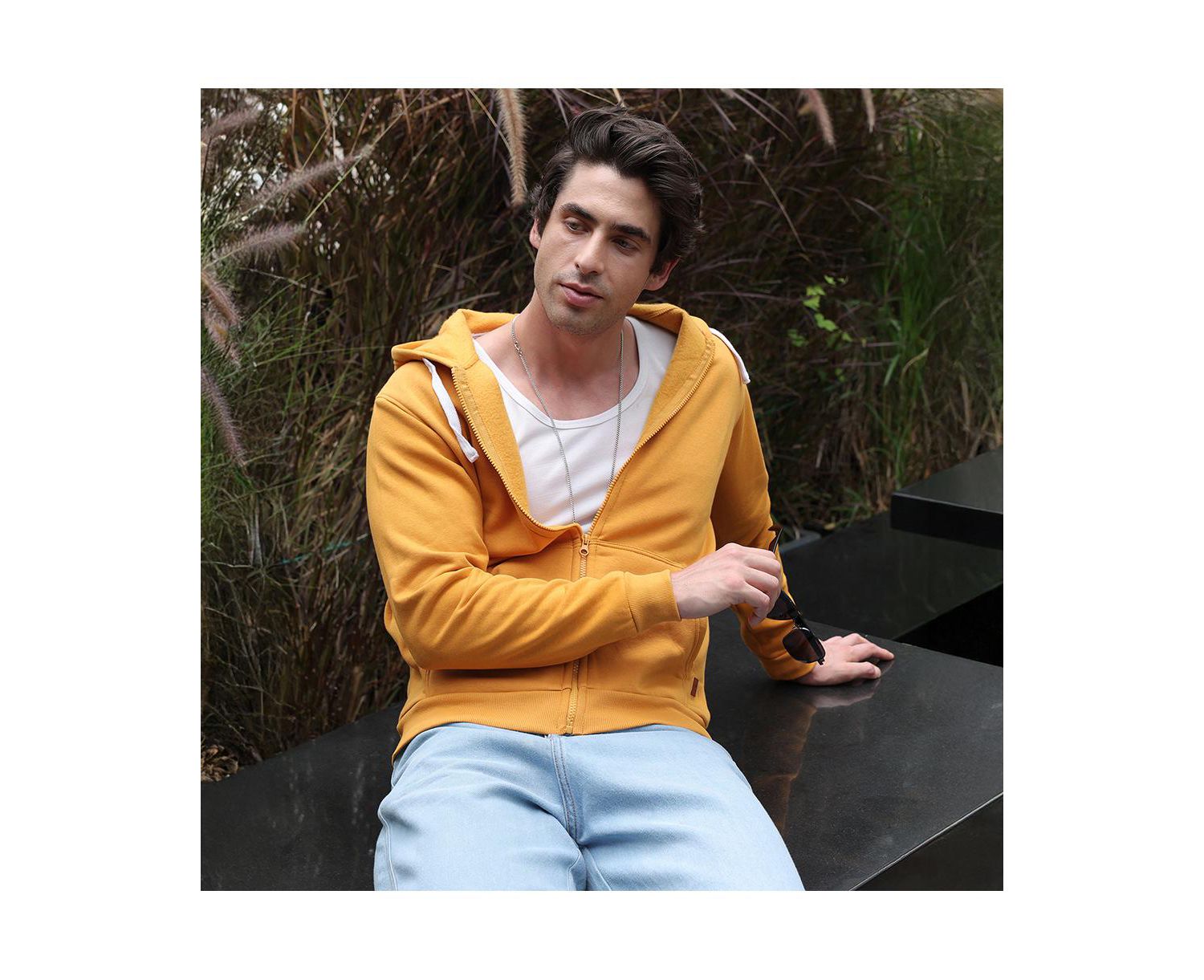 Men's Mustard Yellow Zip-Front Regular Hoodie