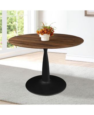 5-Piece Dining Table Set with Round Walnut Table, Metal Base and Upholstered Chairs for Space-Saving Kitchen Use