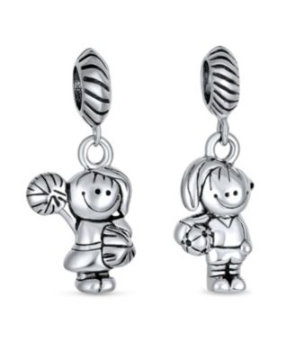 Set of 2 Cheerleader & Soccer Player Dangle Charm Bead Sterling Silver European Bracelet