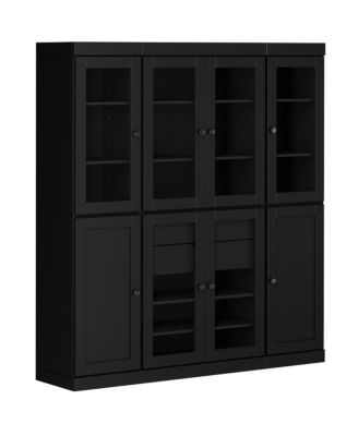 100% Solid Wood Pantry China Cabinet, Clear Glass & Shaker Doors, 2 Drawers, Adjustable Shelves, 65" Wide, 71.5" Tall