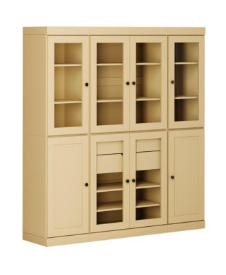 100% Solid Wood Pantry China Cabinet, Clear Glass & Shaker Doors, 2 Drawers, Adjustable Shelves, 65" Wide, 71.5" Tall