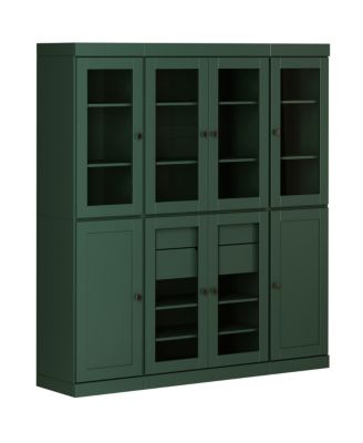 100% Solid Wood Pantry China Cabinet, Clear Glass & Shaker Doors, 2 Drawers, Adjustable Shelves, 65" Wide, 71.5" Tall