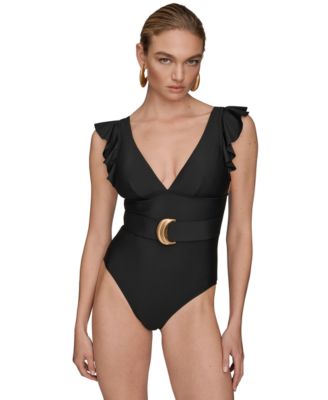 Donna Karan - Women's Belted Flutter-Sleeve One-Piece Swimsuit