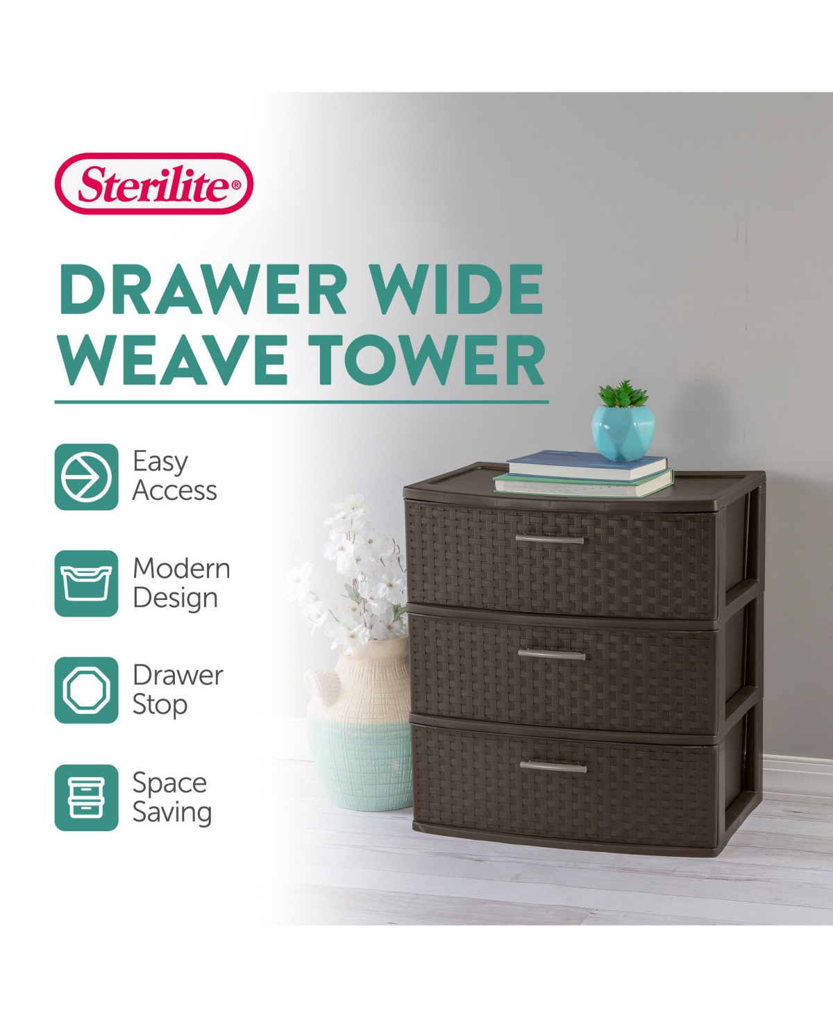 Sterilite 3 Drawer Wide Weave Storage Tower Plastic Organizer Drawers (2 Pack)