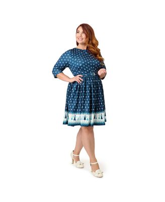 Women's Plus Size Boat Neck Belted Stephanie Fit & Flare Dress