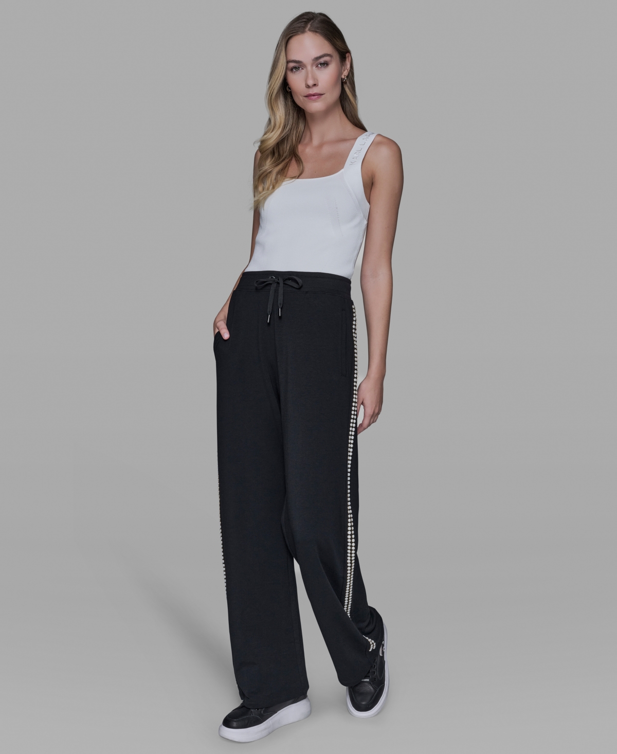 Karl Lagerfeld Paris Women's Imitation Pearl Trim Mid Rise Track Pants