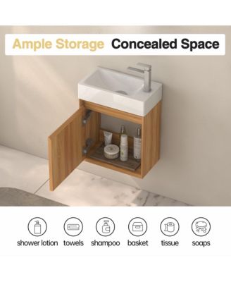 16&amp;quot; Small Bathroom Vanity Wall Mounted, Acacia Solid Wood Bathroom Vanity with White SMC Resin Basin, Modern Bathroom Vanity with Soft-Close Door