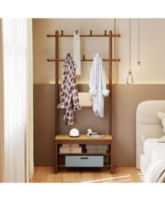 Bamboo Coat Rack with Bench Shoe Storage 2 Hanging Rods 11 Hanging Hooks Shelves