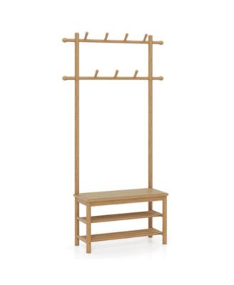 Bamboo Coat Rack with Bench Shoe Storage 2 Hanging Rods 11 Hanging Hooks Shelves