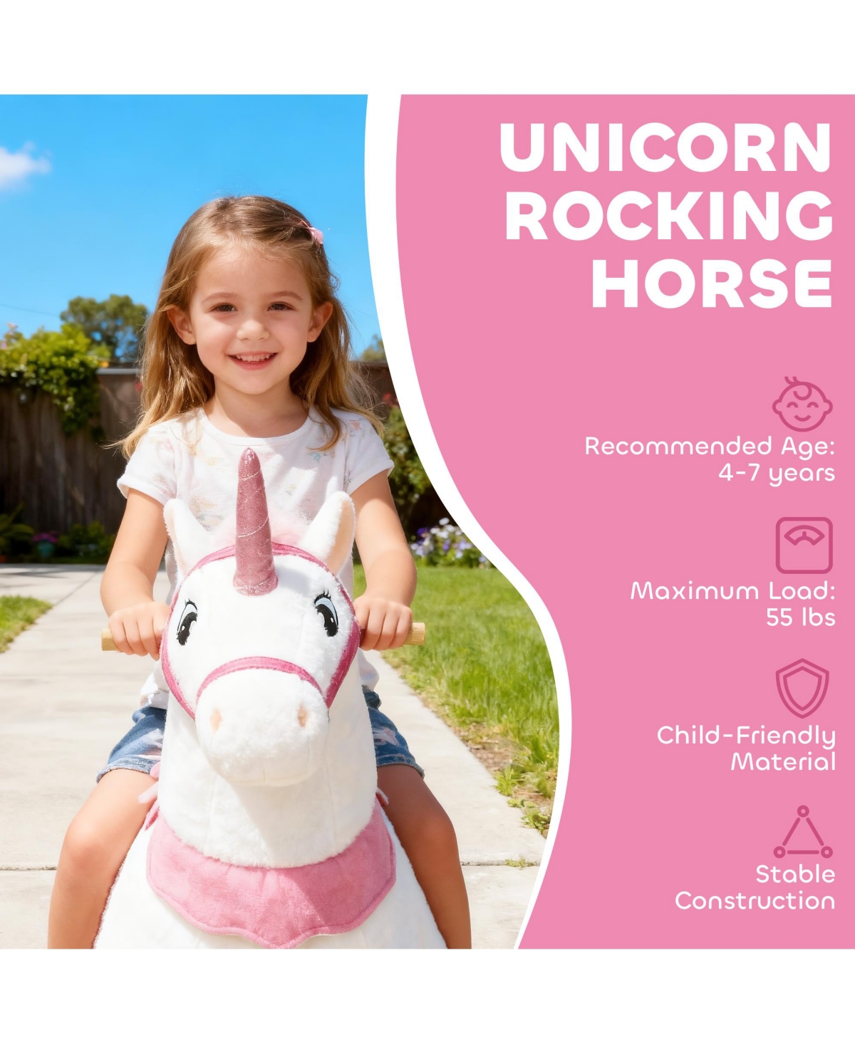 Qaba Ride on Unicorn Toy, Plush Baby Rocking Horse for Kids 4-7 Years
