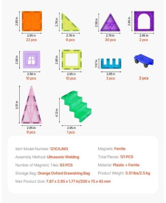 Magnetic Tiles, 121 PCS Building Blocks with 2 Car Bases & 26 Cards, STEM Educational Construction Toy for Kids Ages 5+
