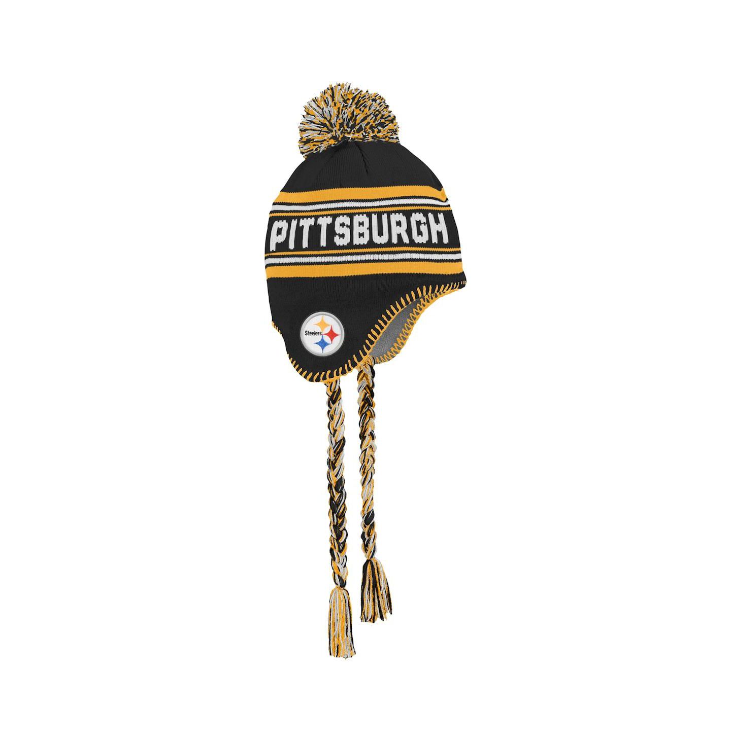 Детская шапка Outerstuff Black Pittsburgh Steelers Jacquard Tassel Knit Hat with Pom — фото 1