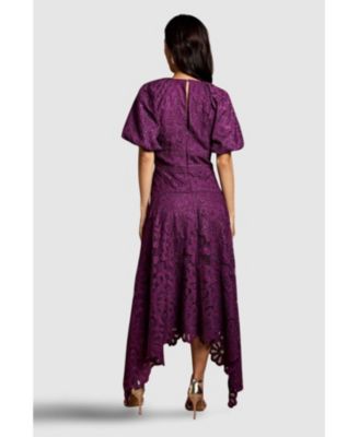 Women's Lace Hanky Hem Puff Sleeve Dress
