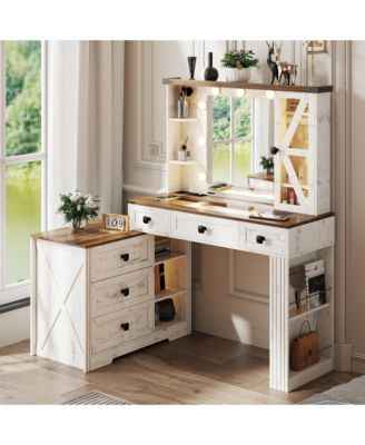 Vanity Desk with Storage Cabinet & Power Outlet
