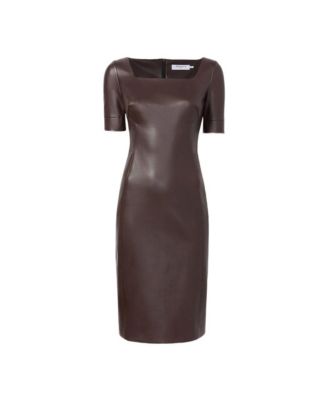Women's Elbow Sleeves and Square Neckline Faux Leather Sheath Dress