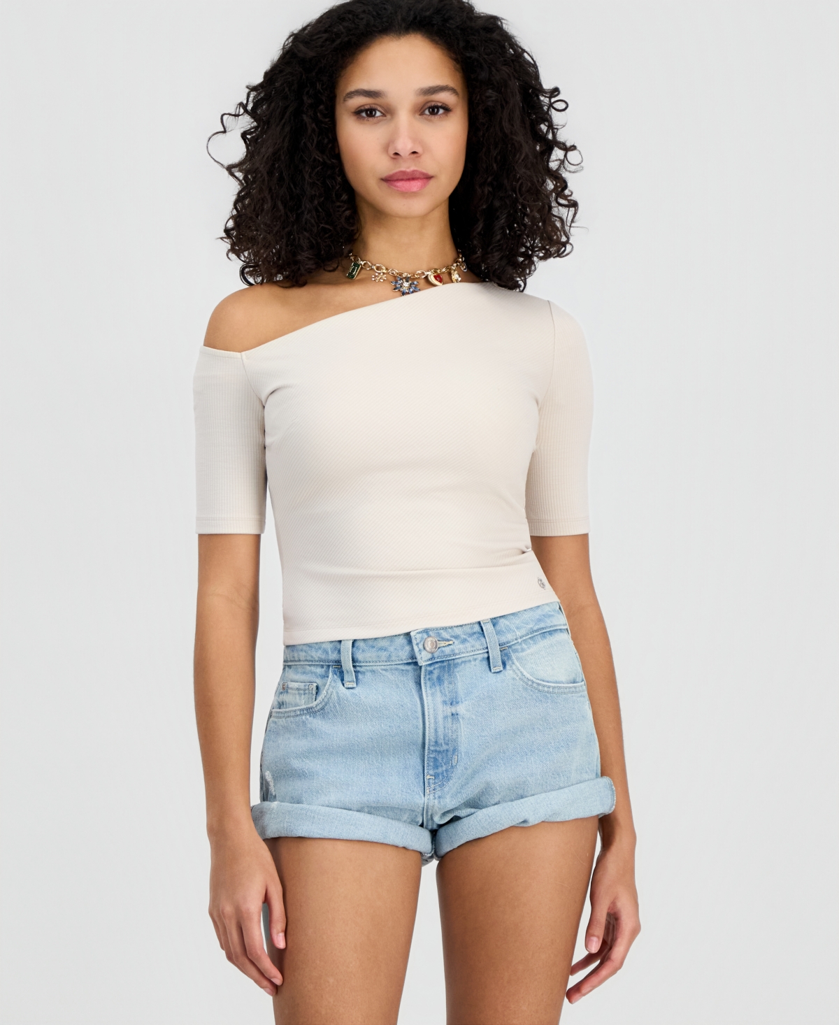 Guess Women's Cristina Asymmetric Short-Sleeve Top - Light Oak