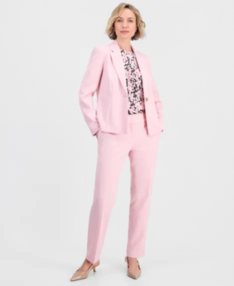 Women's Stretch Crepe One-Button Jacket, Floral Pleat-Front Cap-Sleeve Top & Stretch Crepe Mid-Rise Pants - None
