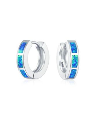 Set of 2 White & Blue Synthetic Opal Inlay Iridescent Huggie Hoop Earrings Sterling Silver