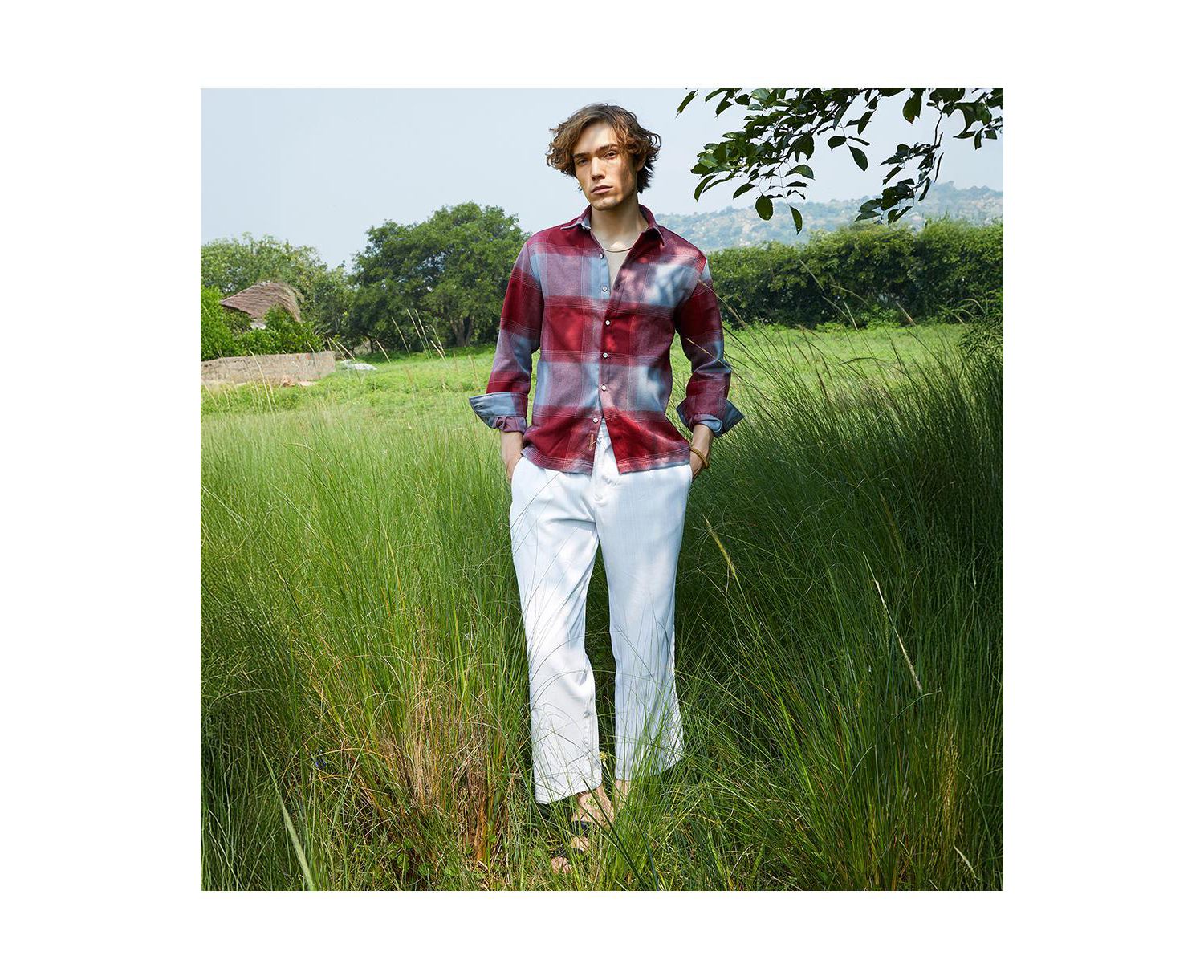 Men's Venetian Red & Coin Grey Vignette-Checkered Oversized Shirt